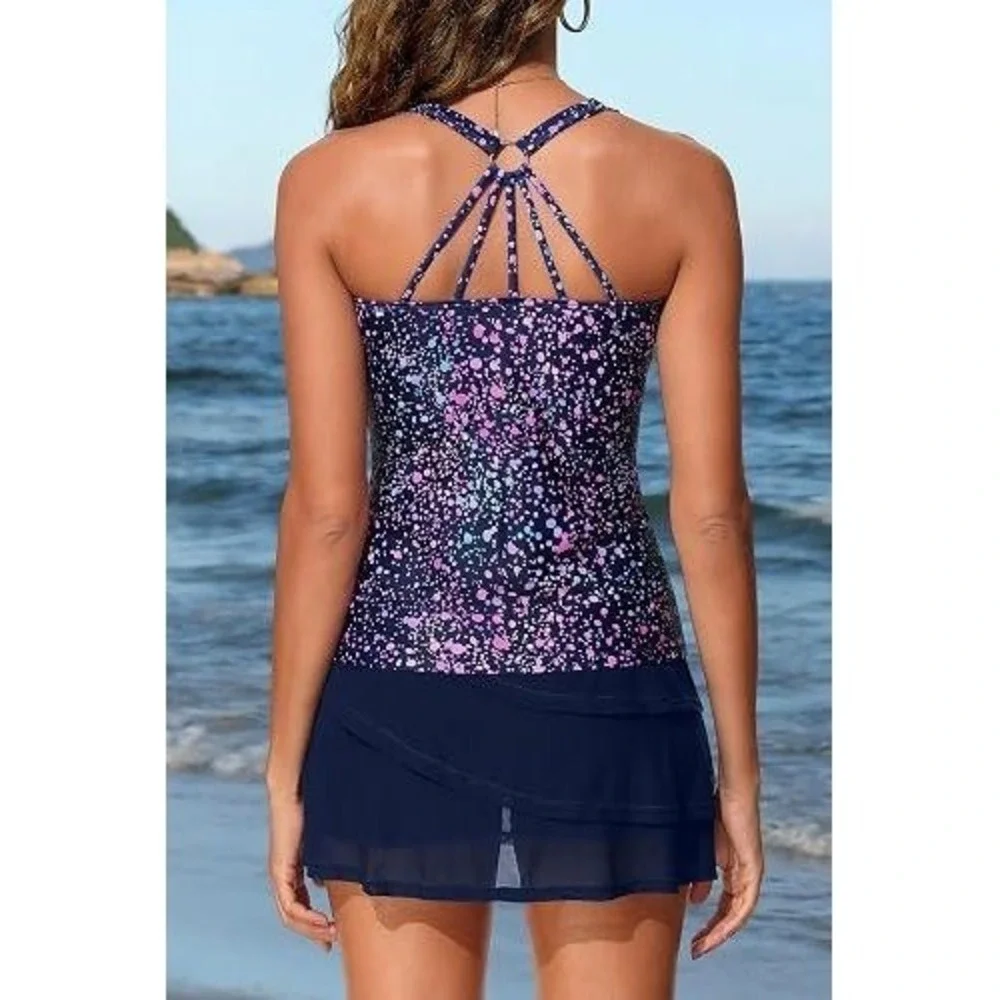 Yonique Womens Tankini Swimsuit Skirt Set Paint Splatter Navy Pink Size‎ M NWT